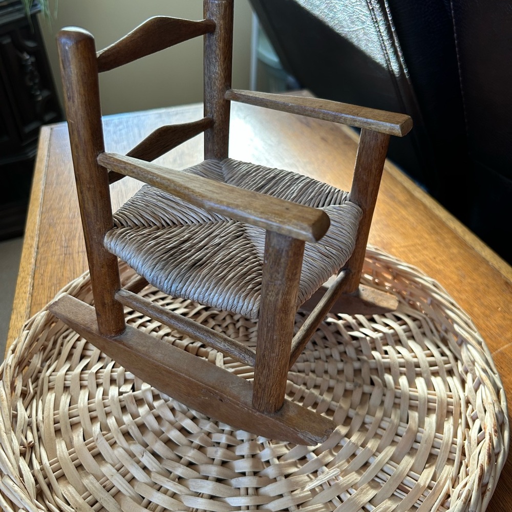 Brown Wood and Wicker Doll Rocking Chair decor/ plant stand